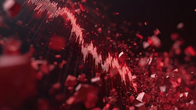 Dynamic red waveforms and floating geometric particles in abstract digital art