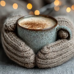 Close-up of hands holding a steaming cup of cappuccino. Generative AI