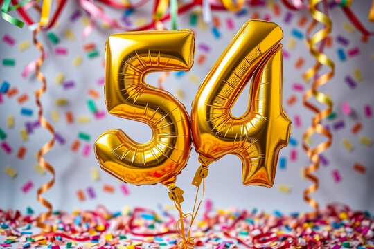 Birthday balloon number fifty four, golden letter figure 54 celebration background AI Generative