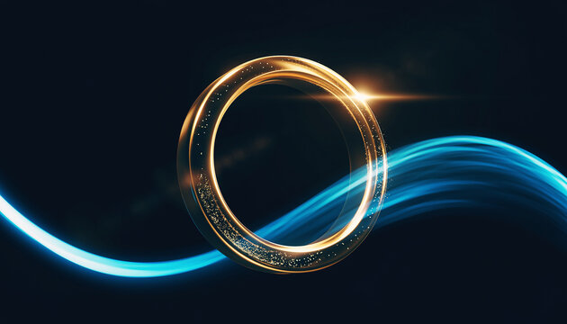 Golden ring with light streaks on dark background circle