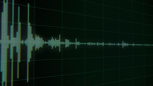 Digital Voice Recording Waveform: Surveillance, Wiretapping, and Eavesdropping Audio Analysis. Green Sound Waves on Dark Grid for Audio Monitoring, Spying, Security, and Intelligence Operations
