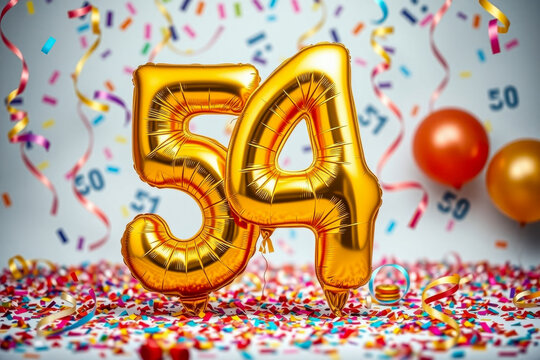 Birthday balloon number fifty four, golden letter figure 54 celebration background AI Generative