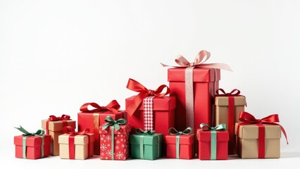 Fototapeta premium A pile of Christmas gifts wrapped with colorful bows and ribbons, ready for opening on holiday
