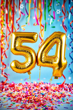 Birthday balloon number fifty four, golden letter figure 54 celebration background AI Generative