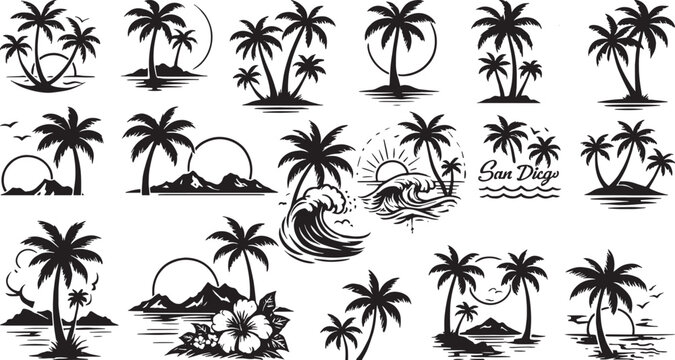 Tropical Palm Tree Silhouette Collection: Island, Beach, Sunset, Wave, Mountain, and Flower Designs
