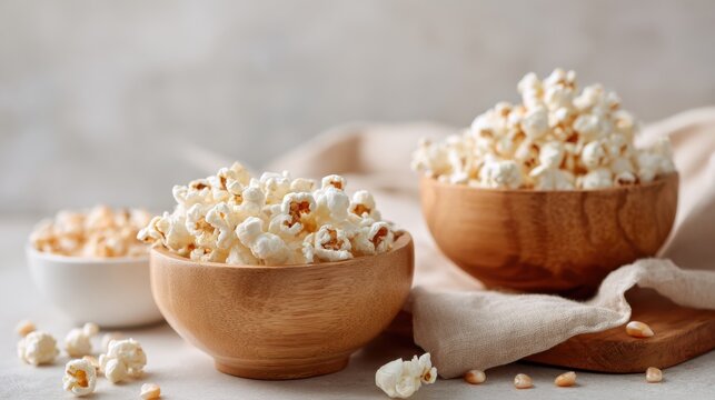 Two wooden bowls sit on a light beige surface. Each bowl is filled with popcorn. Nearby, scattered kernels add to the casual snack scene. Natural light enhances the setting - Powered by Adobe