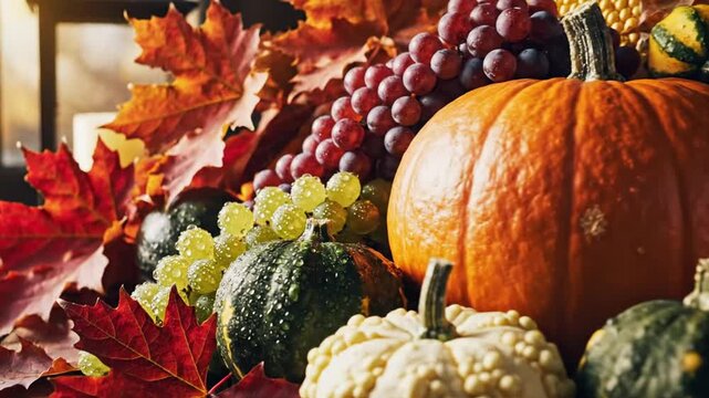 Autumn harvest still life featuring pumpkins grapes and fall foliage on rustic wooden surface