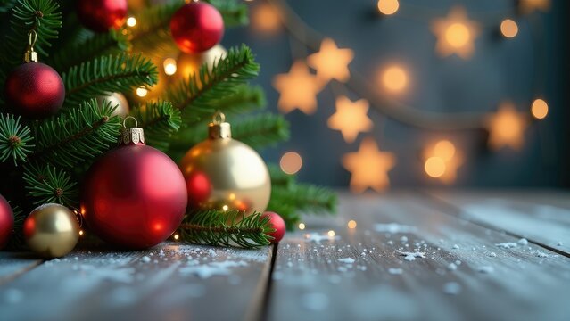 A close-up shot of a decorated Christmas tree with ornaments and lights