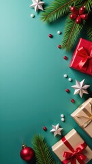 Colorful Christmas decorations with presents and fir branches, perfect for holiday marketing materials