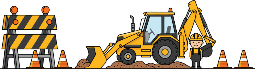 Road construction scene vector illustration with excavator worker traffic cones and safety barricades