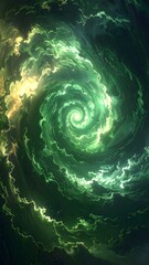 Swirling vortex of vibrant green and yellow clouds in space
