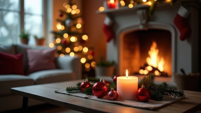 A single lit candle sits on a table next to a decorated Christmas tree