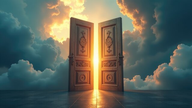 A wide open door with sunlight pouring in and a bright blue sky visible beyond