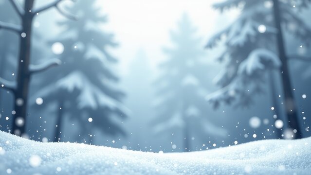 Snowy scene with trees and snowflakes