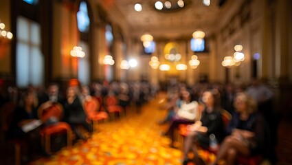 Fototapeta premium Blurred view of people at an elegant event in a ballroom