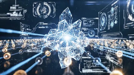 Futuristic crystal structure amidst data displays and glowing spheres, in a dark, ethereal space - Powered by Adobe