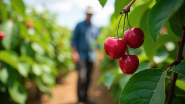 A person stands amidst a lush green cherry orchard, ready for harvest or picking