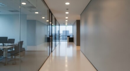 Obraz premium Modern Office Hallway Blur – Soft-focus corporate corridor with glass walls and clean neutral tones