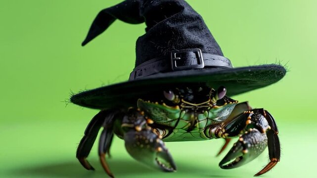 A Witchy Crab: Halloween Themed Video of a Crab Wearing a Witch's Hat, Green Background
