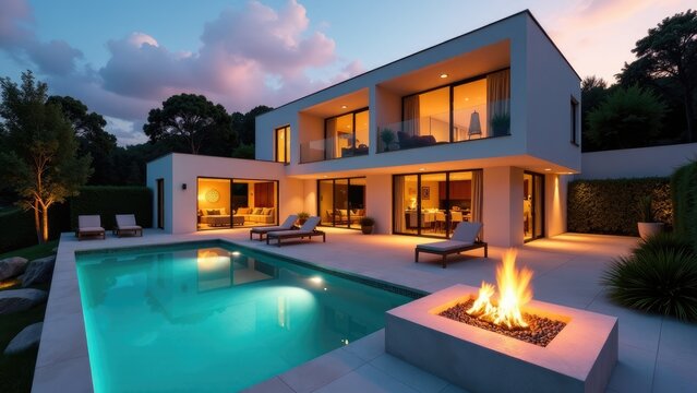 A house with an outdoor pool and fire pit, perfect for summer gatherings or cozy nights