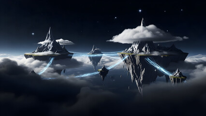 Dreamy celestial islands connected by magical energy in cloudy nightscape