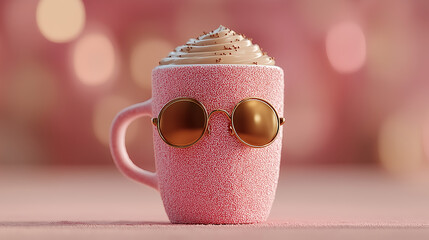 Glowing coffee cup wearing sunglasses fun character beverage design humorous concept creative art generated AI