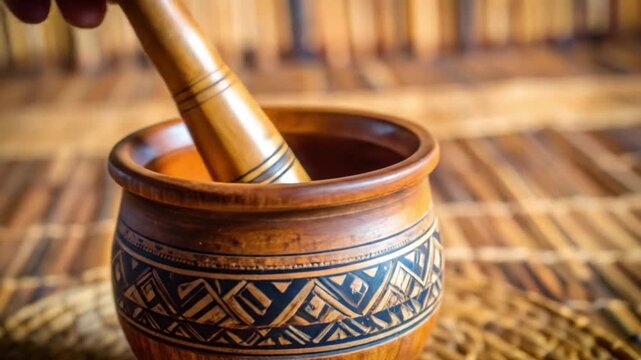 Wooden mortar and pestle with ornate carvings and warm lighting