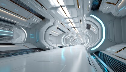Futuristic impossible hallway with glowing doors and curved perspectives