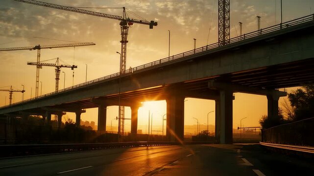 Large bridge under construction with towering cranes silhouetted against a warm sunrise sky, capturing industrial development in dramatic golden light