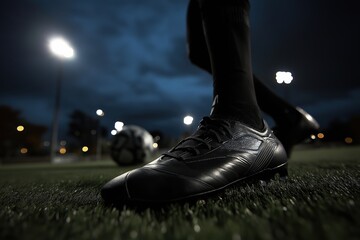 Soccer player's foot in cleat on artificial grass field at night, with ball and stadium lights in blurred background