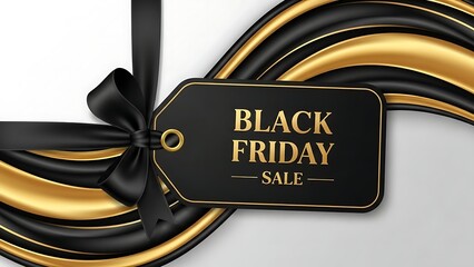 Black friday sale tag with black ribbon and gold wave background