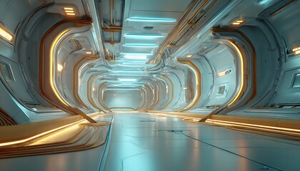 Futuristic impossible hallway with glowing doors and curved perspectives