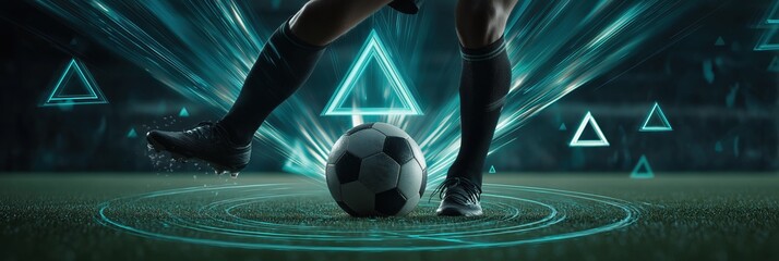 Football player kick soccer ball on green turf field with glowing neon lines, triangles, and futuristic digital elements. Dynamic sports action concept