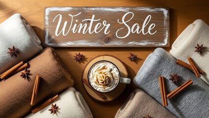 Winter sale sign with cozy blankets, coffee, and spices overhead view