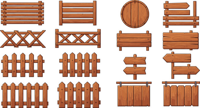 Set of wooden fences signs and boards vector illustrations featuring rustic garden panels and direction signposts