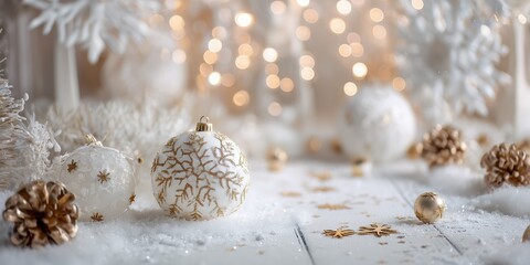 white and gold christmas ornament with snowflakes on snowy background bokeh