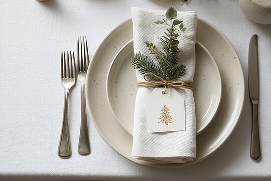 minimal christmas table setting with linen napkin pine and eucalyptus