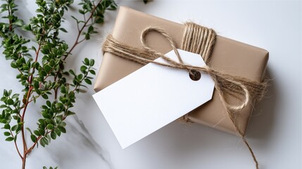 Eco gift wrapped in kraft paper with blank white tag