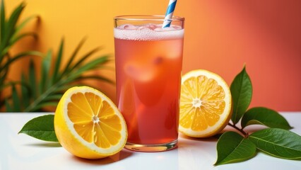A refreshing drink and fruit combo on a table or desk