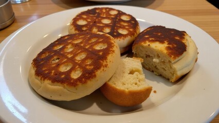 Three fluffy pancakes served on a wooden table, perfect for breakfast or brunch