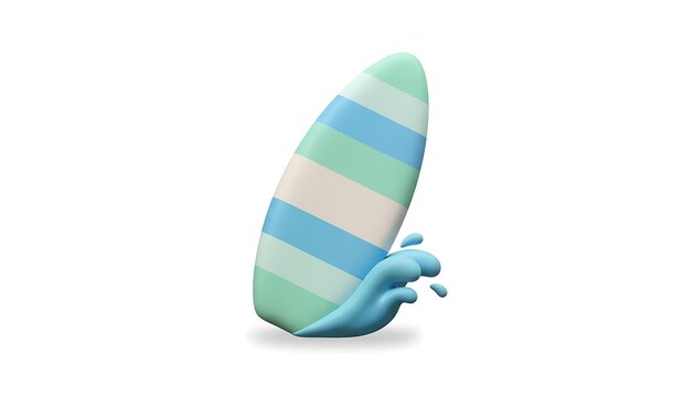 3D cartoon pastel surfboard with small blue wave splash, soft aqua tones and clean beach vibe details, cute minimal summer style, isolated on white background.