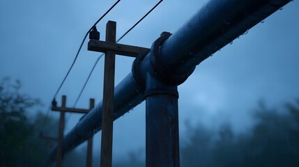 Industrial pipeline infrastructure with wooden supports under a rainy twilight sky with overhead power lines