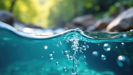 A close-up view of water surface with air bubbles, suitable for use in illustrations about calmness, serenity or aquatic themes