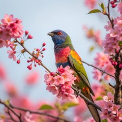 A colorful cuckoo bird surrounded by ripe pink and red blossoms, clear with a beautiful background.