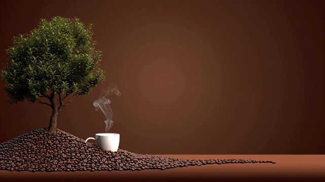 Coffee tree growing from beans with steaming cup on warm copy space background. Cozy animation for winter, Christmas morning or seasonal coffee ad concept