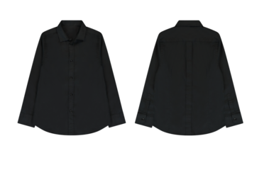 Front and back view of a black long sleeve shirt isolated on transparent background