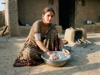 Rural Indian Woman Washing Dishes Or Preparing Food Outdoors In Village Courtyard
