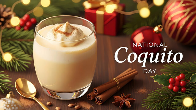Traditional Coquito Drink with Cinnamon and Christmas Decorations on a Festive Holiday Table