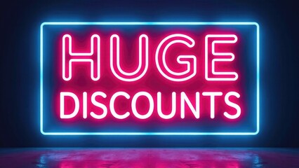 A bright neon sign promoting huge discounts, suitable for advertising and commercial use