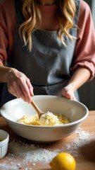 A person in an apron preparing ingredients for cooking